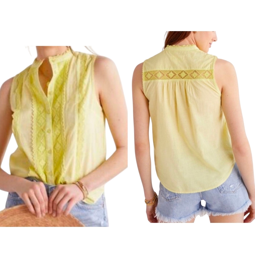 Anthropologie Lace Sleeveless Button Up Blouse Lemon Yellow Size XXS